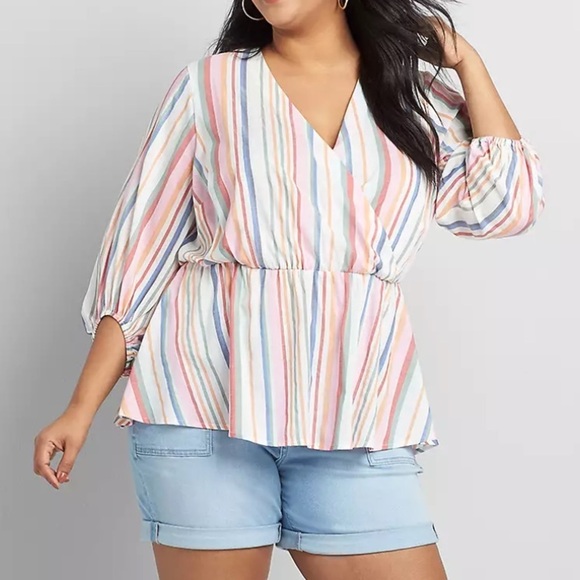 Lane Bryant lightweight striped crossover v-neck 3/4 balloon sleeve peplum top - Picture 11 of 11